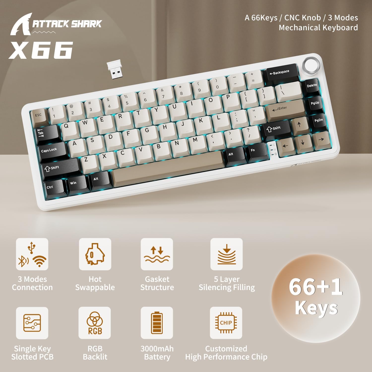 Attack Shark X66 Wireless Mechanical Gaming Keyboard RGB 3 Mode – Cheese White - كايبورد قيمينغ وايرلس