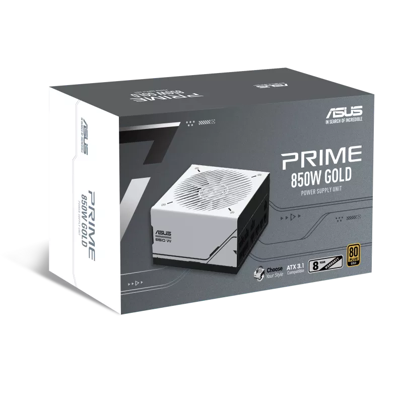 ASUS Prime AP-850G Fully Modular ATX Power Supply, 850W Power, 80 Plus Gold Efficiency, Active PFC, ATX 3.0 Compatible, Dual-Ball Fan Bearings, White - مزود الطاقة