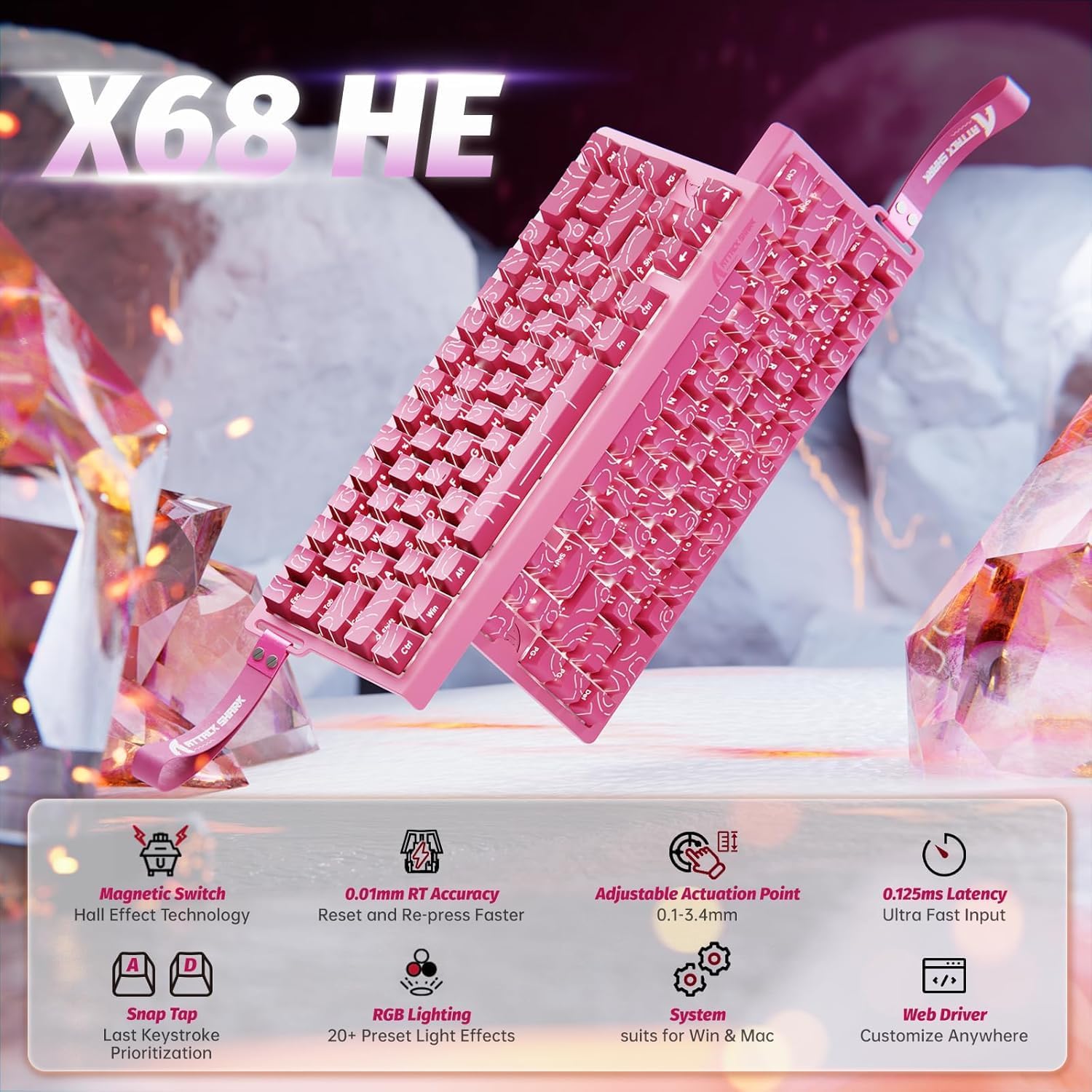 ATTACK SHARK X68 HE Rapid Trigger 60% Keyboard Magnetic Switch, Pink / Rose Red - كيبورد احترافي وايرليس