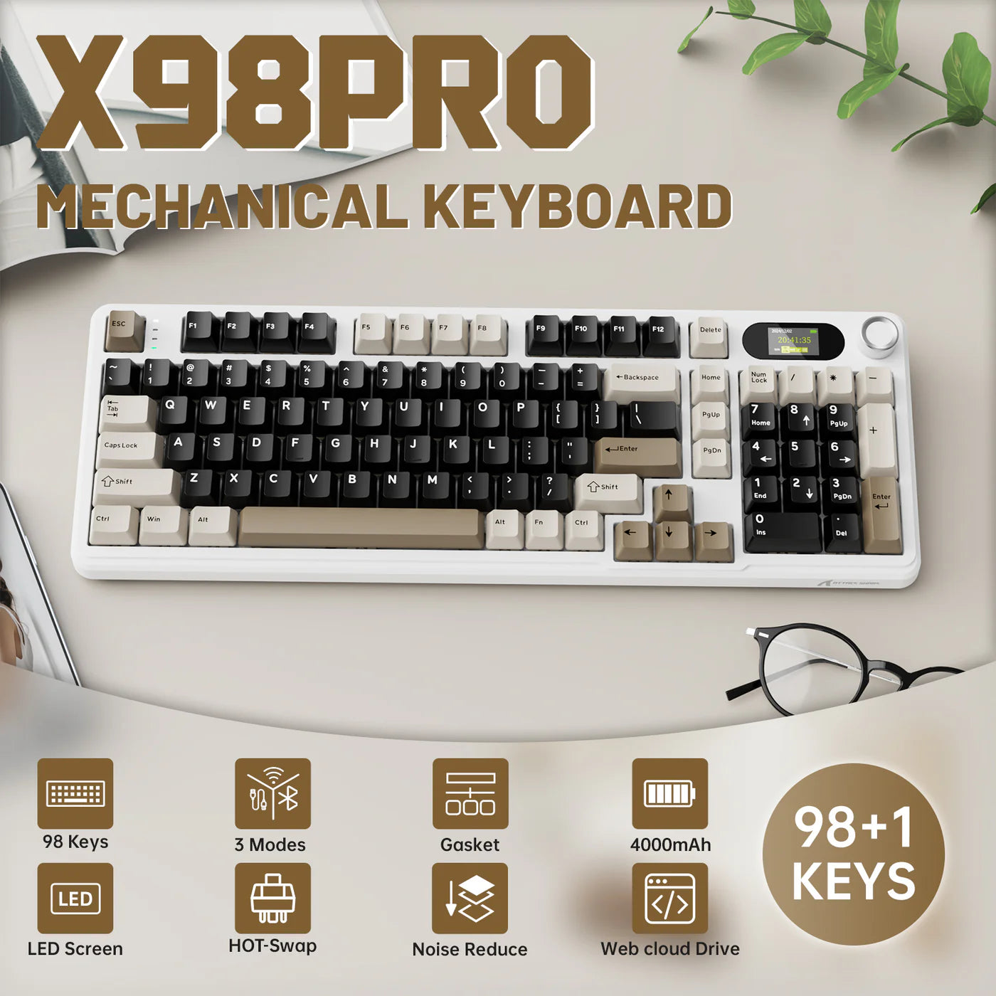 ATTACK SHARK X98PRO Wireless, Tri-Mode Gaming Mechanical Keyboard Cheese White - كيبورد ميكانيكي أبيض