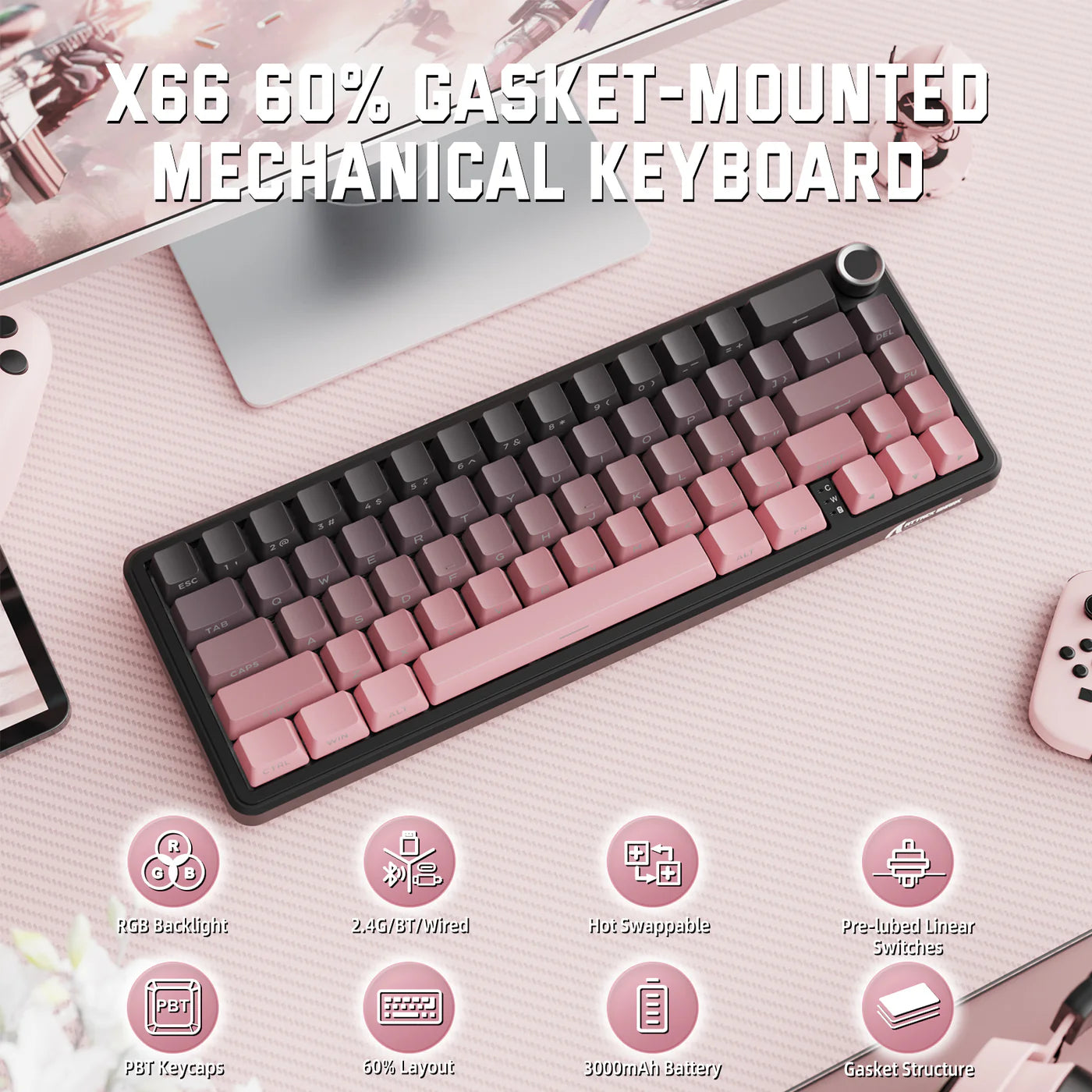 Attack Shark X66 Wireless Mechanical Gaming Keyboard RGB 3 Mode – Pink (Strawberry Switch) - كايبورد قيمينغ وايرلس