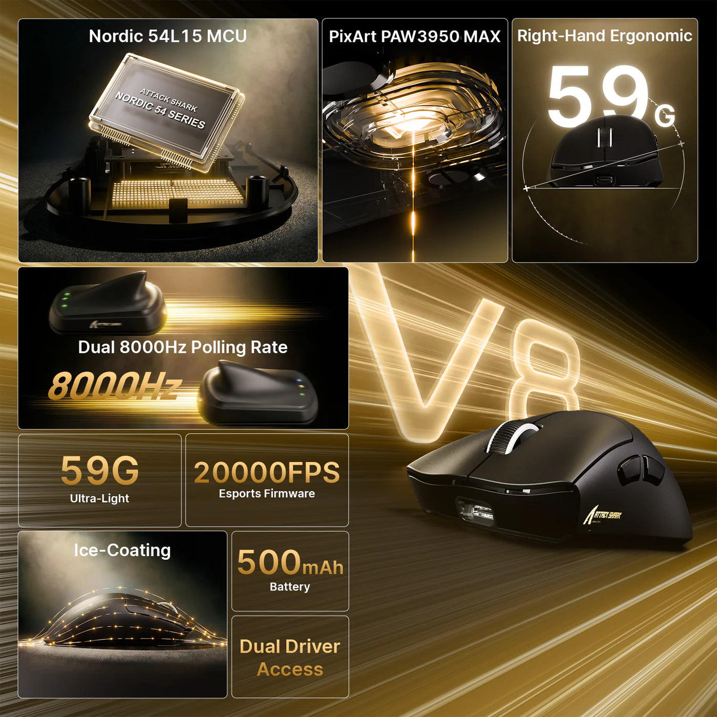 Attack Shark V8 Wireless Gaming Mouse 8000Hz PAW3950MAX Sensor Nordic 54L15, Black - ماوس قيمنق وايرليس