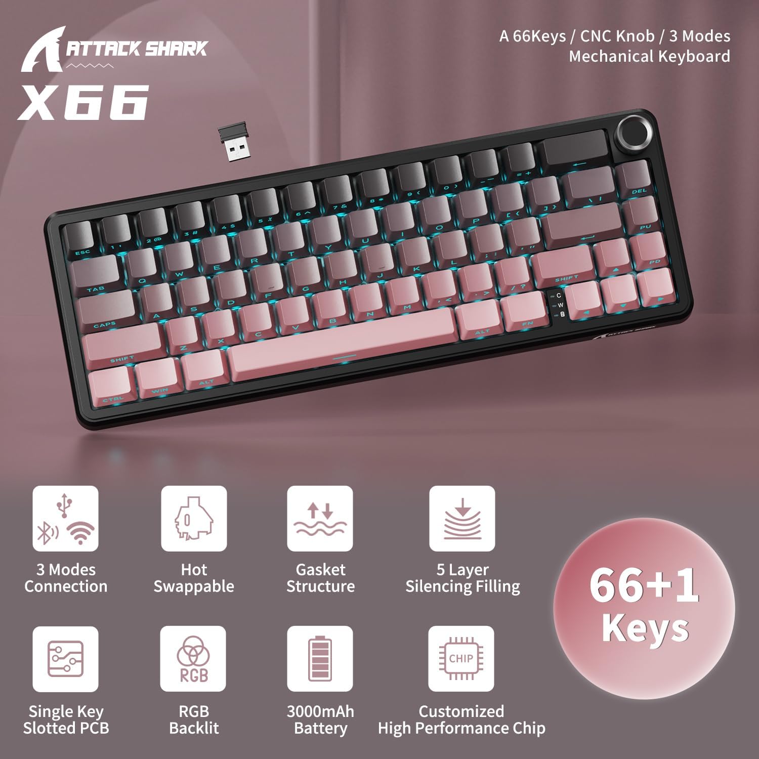 Attack Shark X66 Wireless Mechanical Gaming Keyboard RGB 3 Mode – Pink (Strawberry Switch) - كايبورد قيمينغ وايرلس
