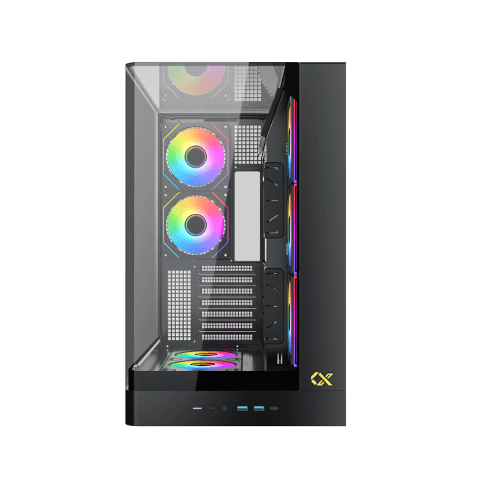 XIGMATEK Pano II E-ATX Medium Tower Case with One-Piece Curved Tempered Glass, 8 x 120mm ARGB Fans and PWM Remote Case, Vertical GPU Mount Included- كيس العاب أسود للكمبيوتر