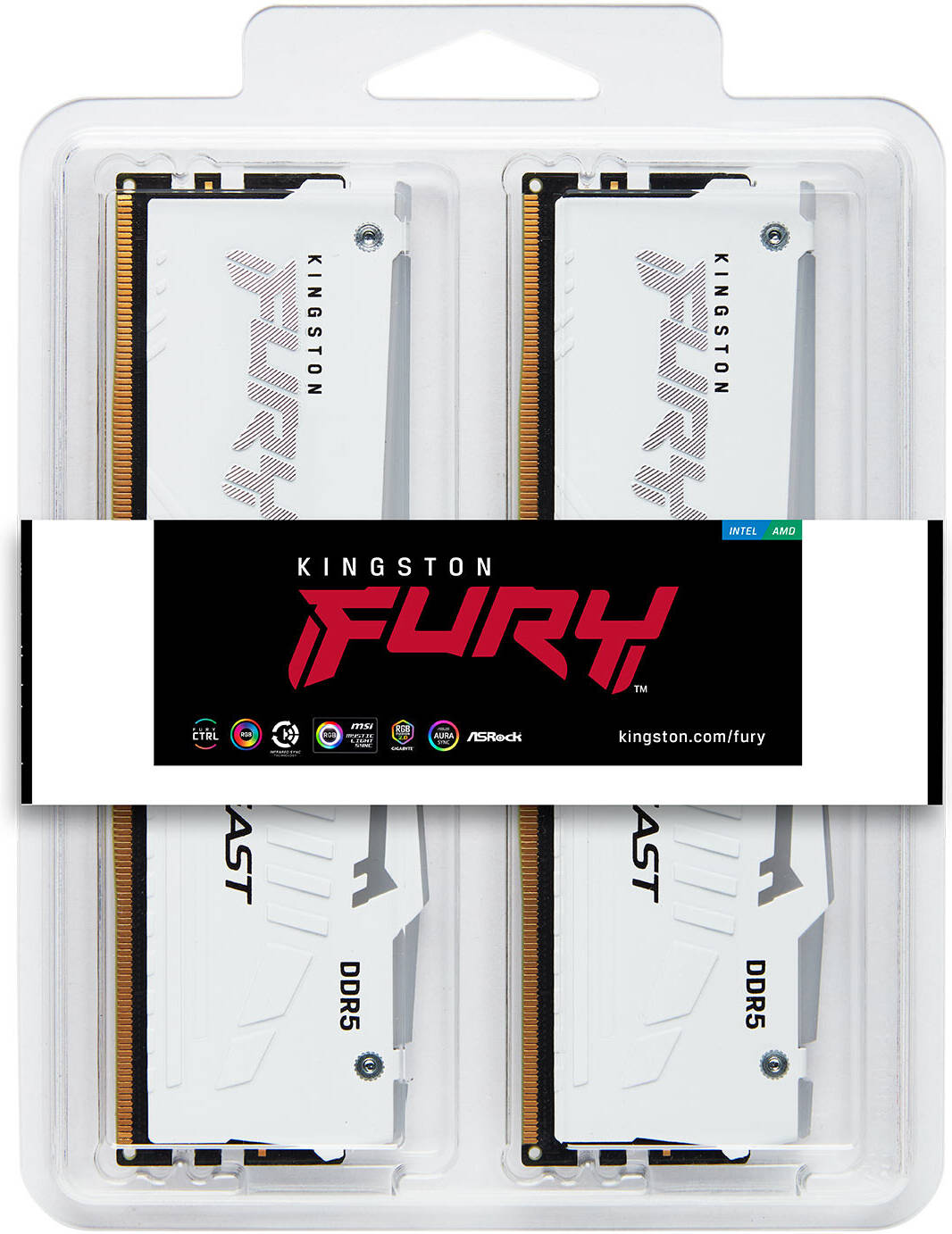 Kingston Fury Beast RGB 16GB (8GB x2) DDR5 Desktop Memory Kit, 5200MT/s Memory Speed, CL40 CAS Latency, Non-ECC, Intel XMP 3.0, 1.25V, 288 Pin, White - رامات بيضاء