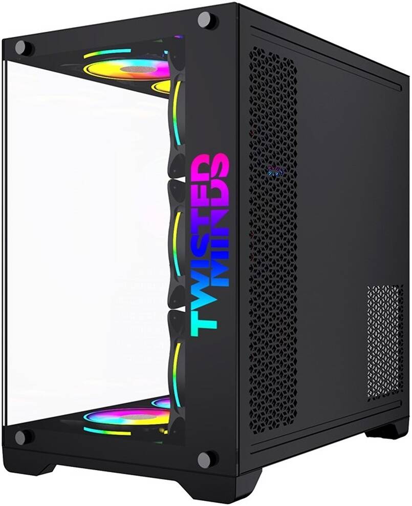 Twisted Minds Bullet-07 Mid Tempered Glass Mid Tower ATX Gaming PC Case, Pre Installed 4x 120mm ARGB Fans, Up to 360mm AIO, 3.5″ HDD* 2+2.5″ SSD* 2 Drive Support, USB 3.0+USB-C, - BLACK  - كيس اسود