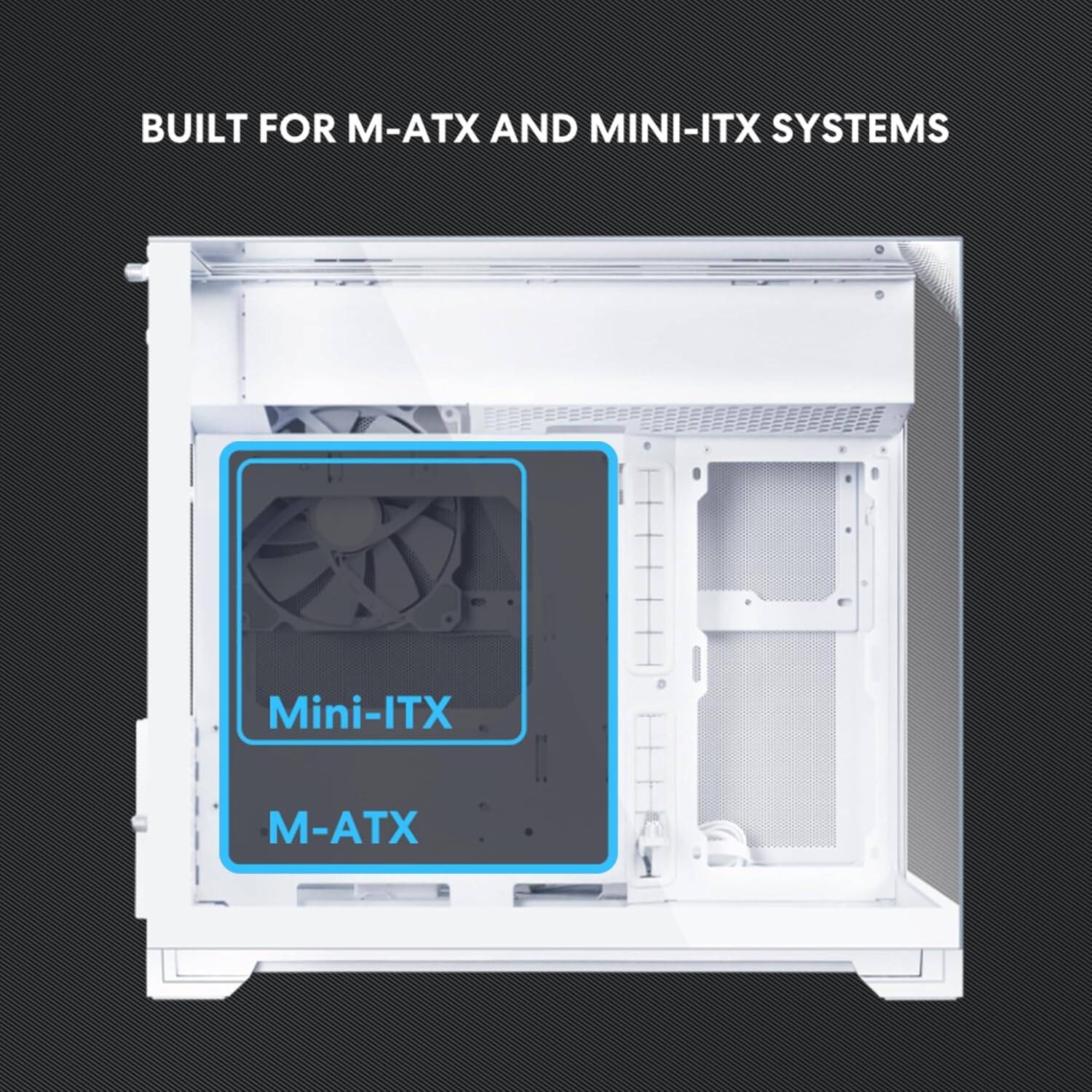Lian Li O11 Vision-M PC Case White mATX, 140mm Fan, Triple Tempered Glass, Dual-Chamber, Supports 360mm AIO & ATX PSUs White - كيس ابيض