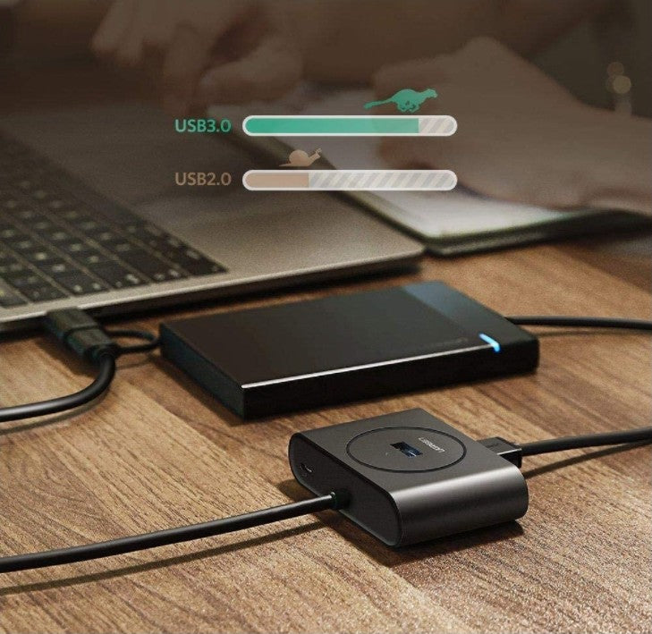 Ugreen 40850 USB 3.0 Hub With USB-C Port, 1m Cable Length, LED Indicator, Compatible with Windows 10/8/8.1/7/ Vista / XP and Mac OS X, Linux, Black - موزع منافذ