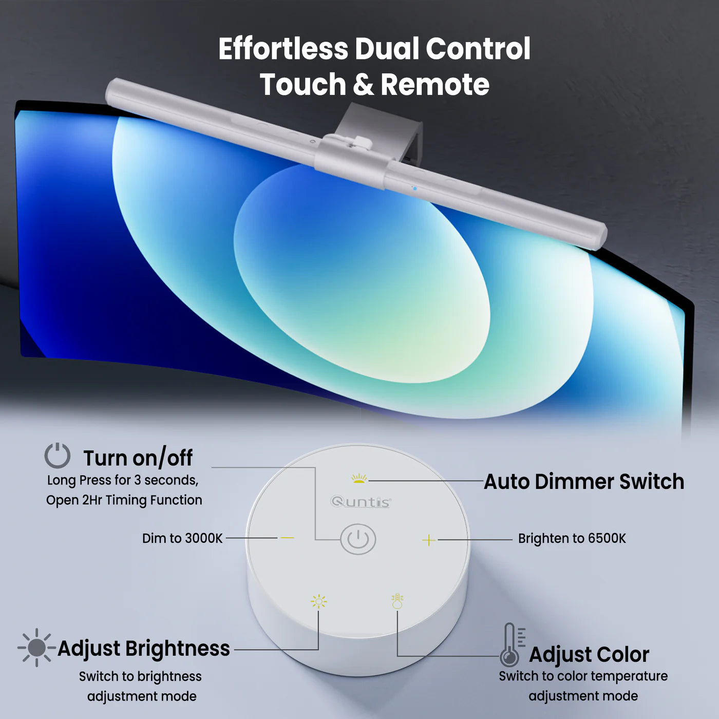 Quntis Monitor Light Bar Pro, Dual Control Wireless Remote , Touch Control, Eye Protection white - شريط إضائة للشاشة