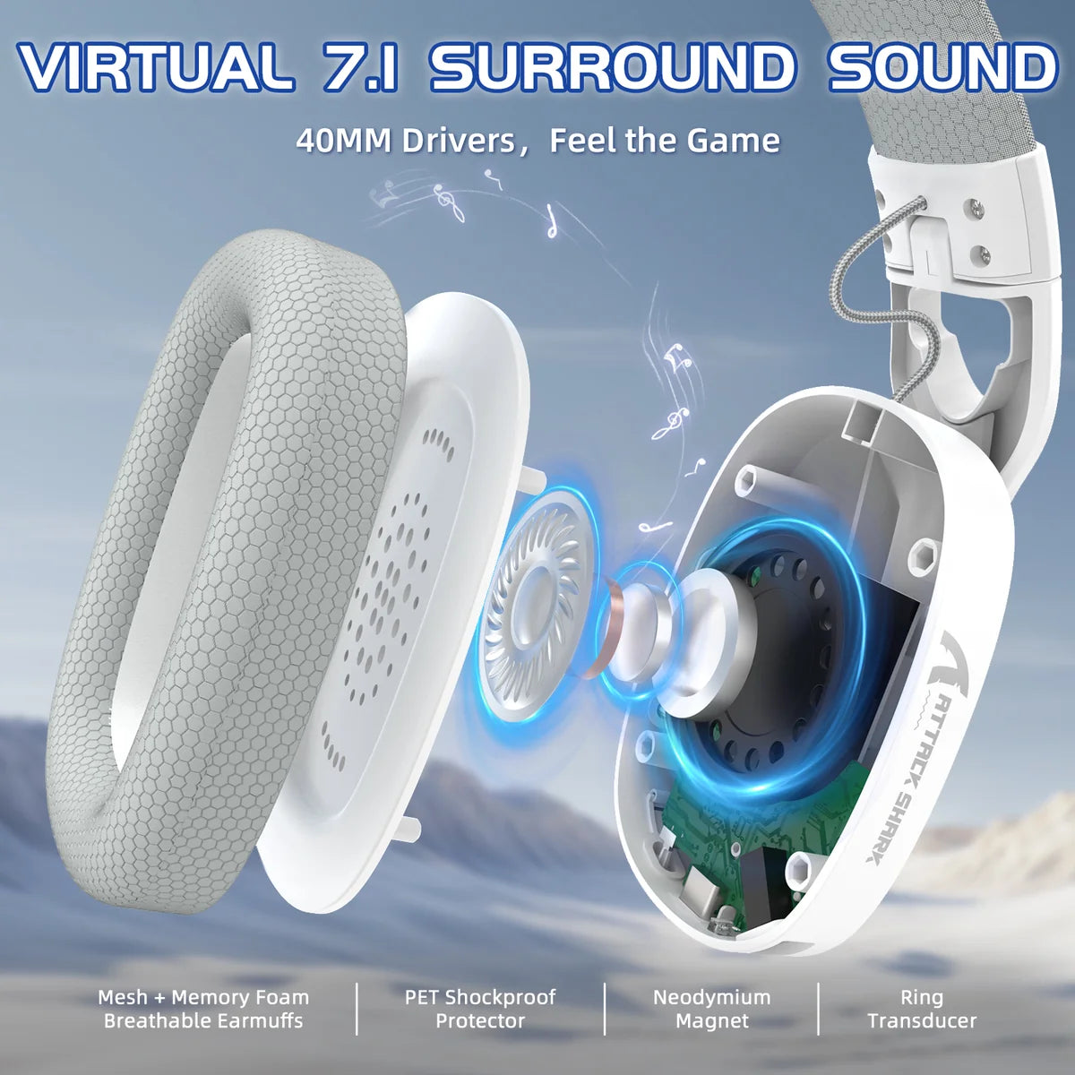 ATTACK SHARK L90 Foldable RGB Ultra-Light Wireless Headset, RGB, Foldable, Triple Mode 2.4Ghz/Bluetooth/Wired Gaming Headphone with mic, 40mm Driver, 7.1 Surround Sound, for Xbox/PS4/PS5/PC Customize via Software - White - سماعة قيمنق وايرليس