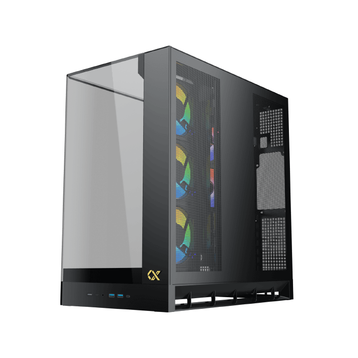 XIGMATEK Pano II E-ATX Medium Tower Case with One-Piece Curved Tempered Glass, 8 x 120mm ARGB Fans and PWM Remote Case, Vertical GPU Mount Included- كيس العاب أسود للكمبيوتر
