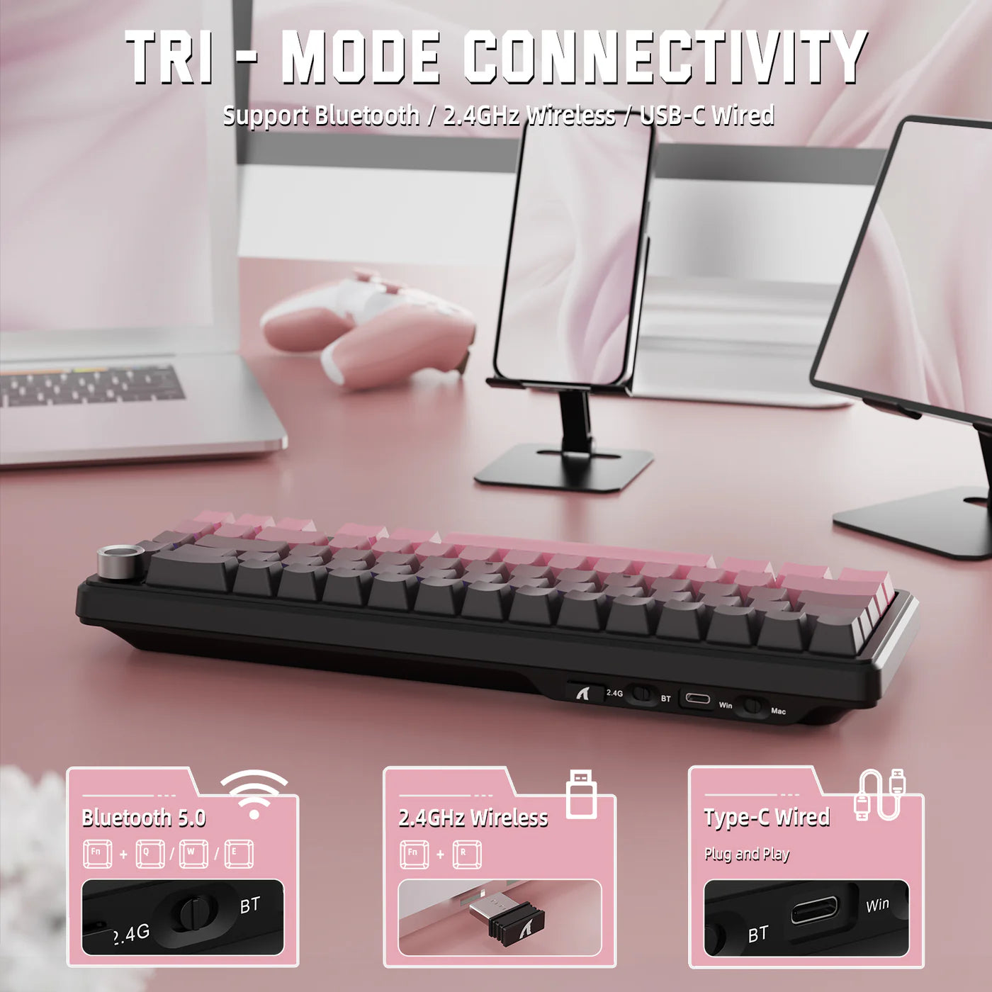 Attack Shark X66 Wireless Mechanical Gaming Keyboard RGB 3 Mode – Pink (Strawberry Switch) - كايبورد قيمينغ وايرلس