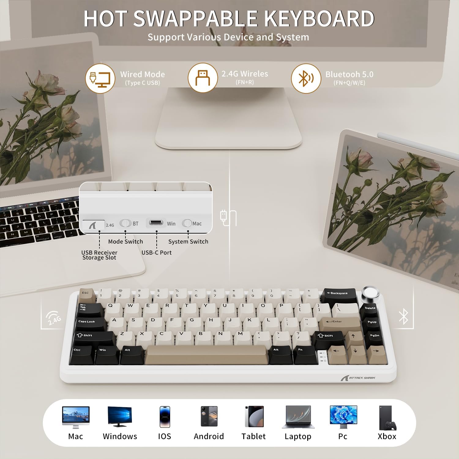 Attack Shark X66 Wireless Mechanical Gaming Keyboard RGB 3 Mode – Cheese White - كايبورد قيمينغ وايرلس