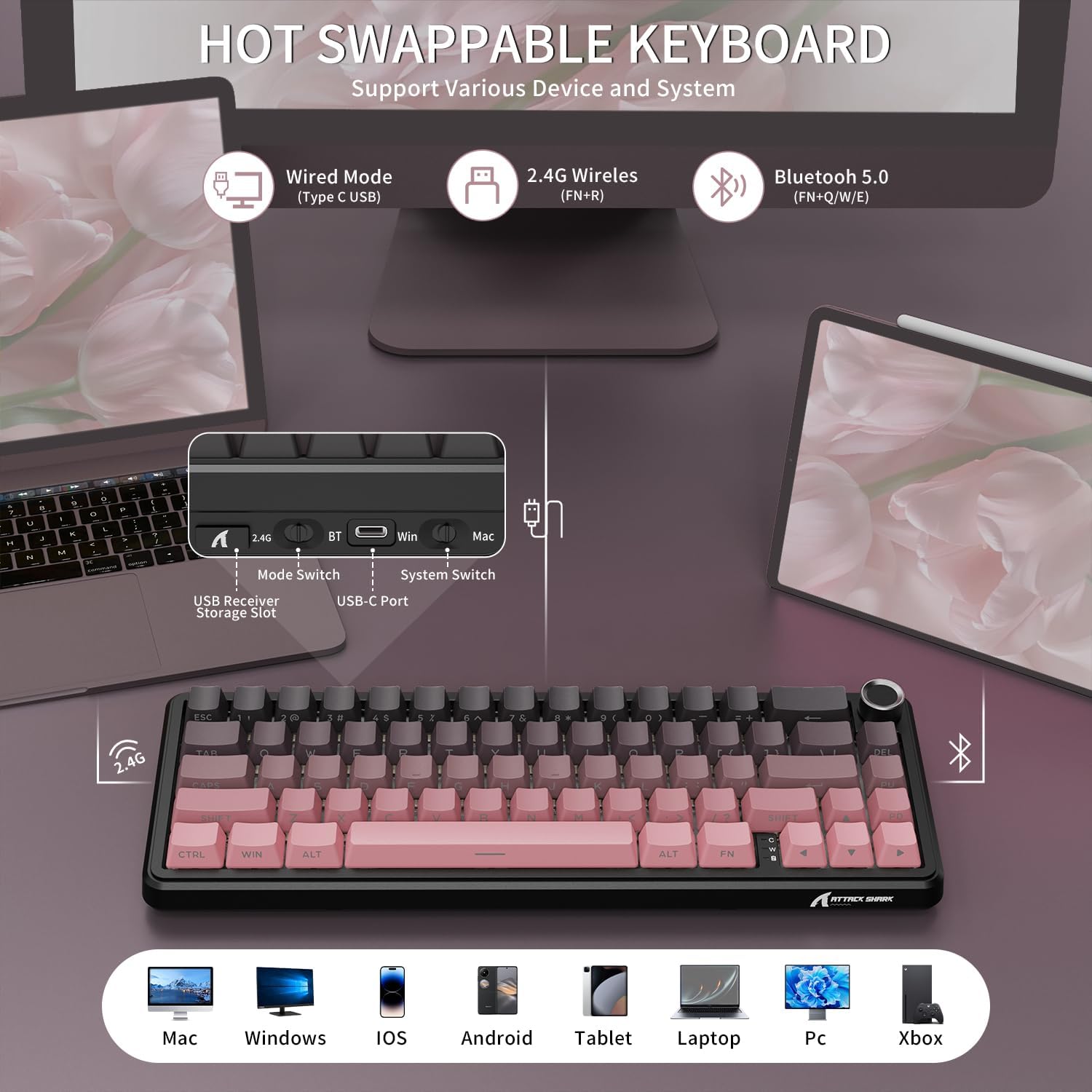 Attack Shark X66 Wireless Mechanical Gaming Keyboard RGB 3 Mode – Pink (Strawberry Switch) - كايبورد قيمينغ وايرلس