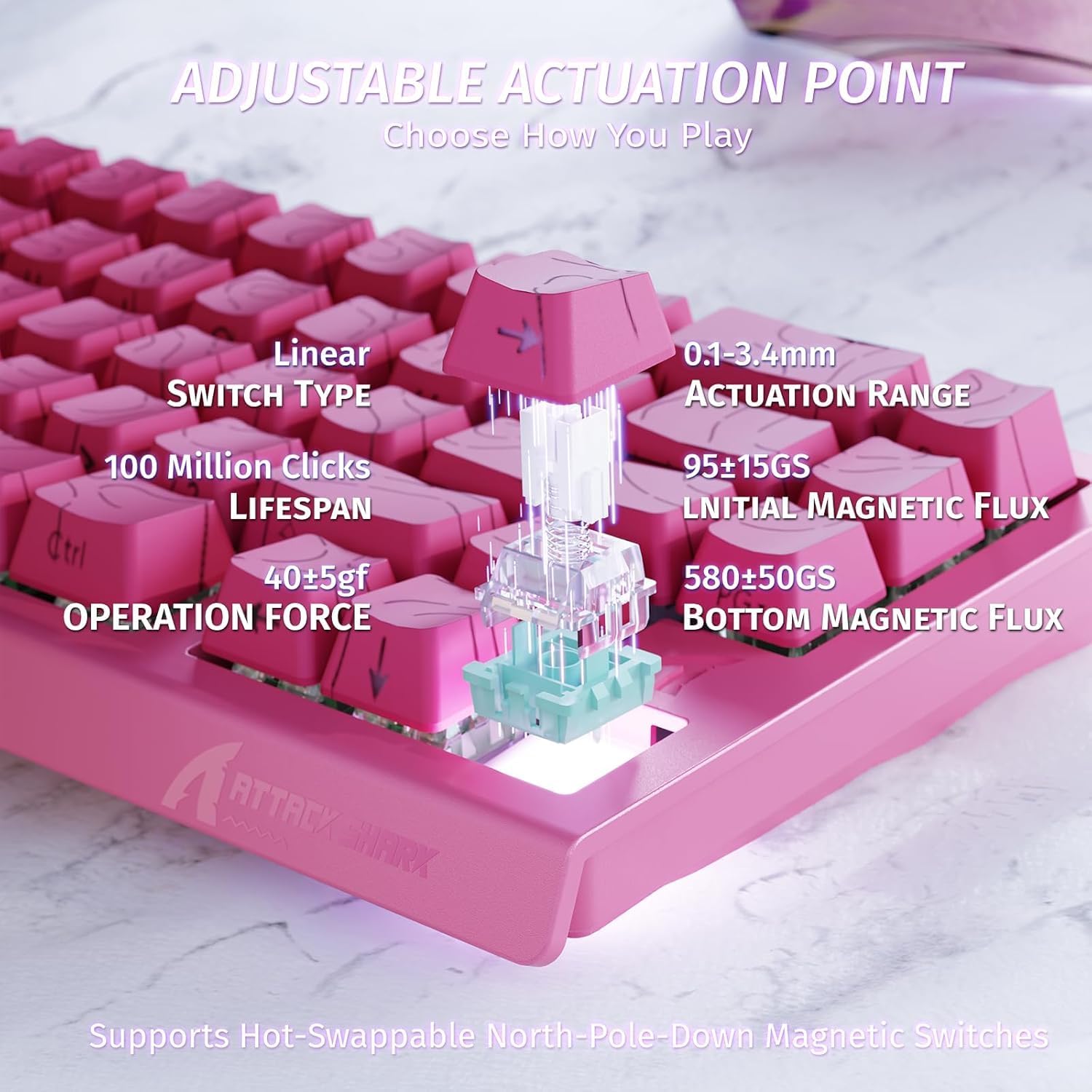 ATTACK SHARK X68 HE Rapid Trigger 60% Keyboard Magnetic Switch, Pink / Rose Red - كيبورد احترافي وايرليس