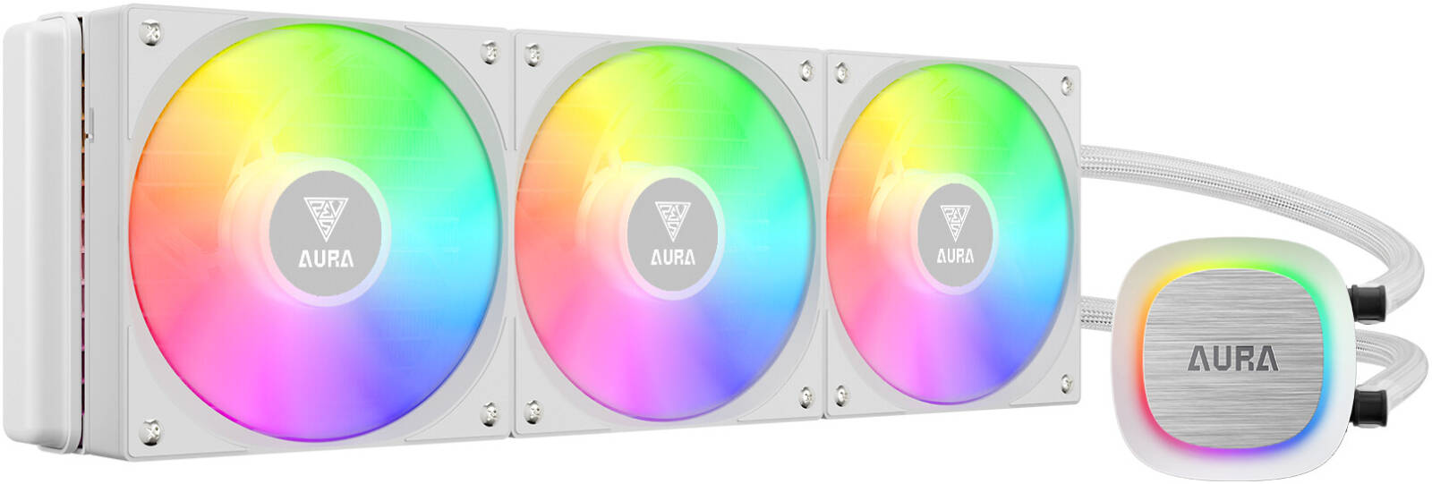 GAMDIAS Aura GL360 V2 Liquid Cooler, Support LGA 1700 / AM5, 800 - 1800 RPM Fan Speed, 2.12 mmH2O Air Pressure, Hydraulic PWM Fans, 73.6 CFM Air Flow, Hidden Cable Routing, White - مبرد مائي أبيض