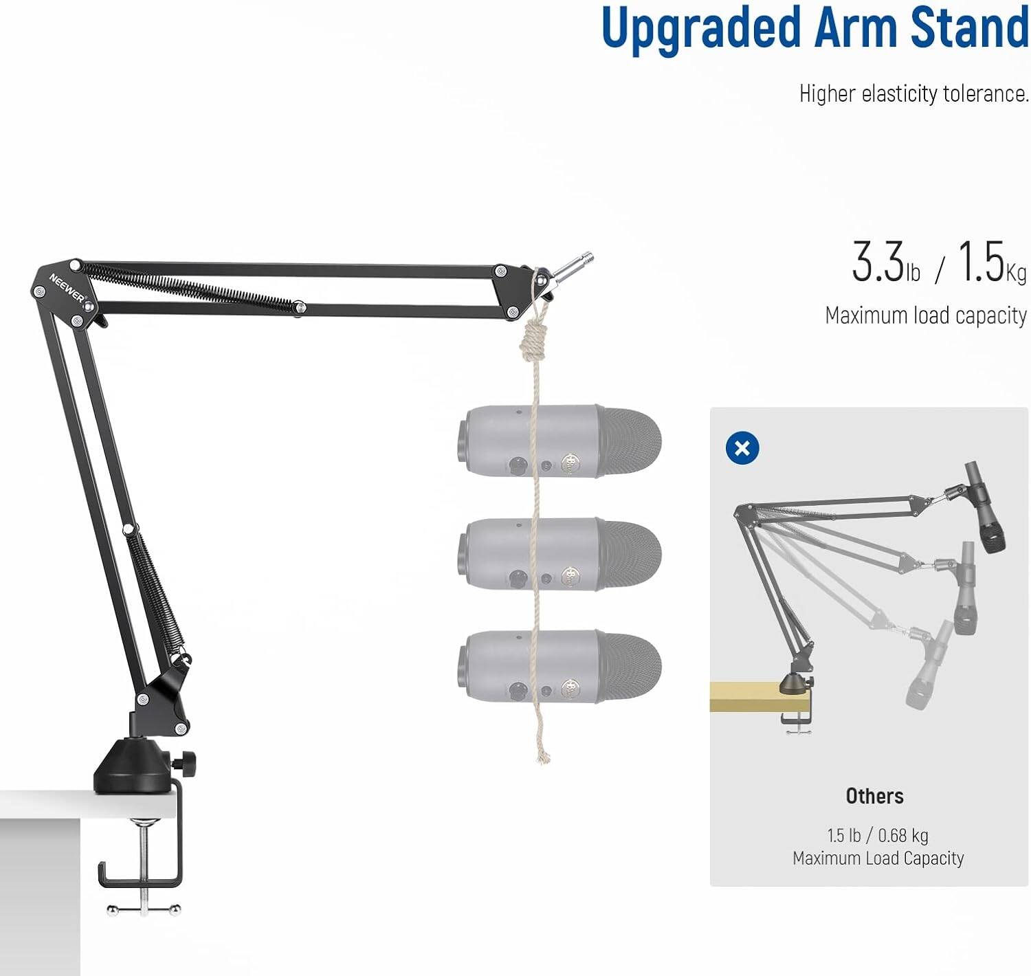 Neewer Microphone Arm Stand, Suspension Boom Scissor Microphone Arm Stand with 3/8 Inch to 5/8 Inch Screw and Cable Ties, Compatible with Blue Yeti Snowball Yeti X Quadcast etc. Max. Load 1.5 kg - ستاند للمايك