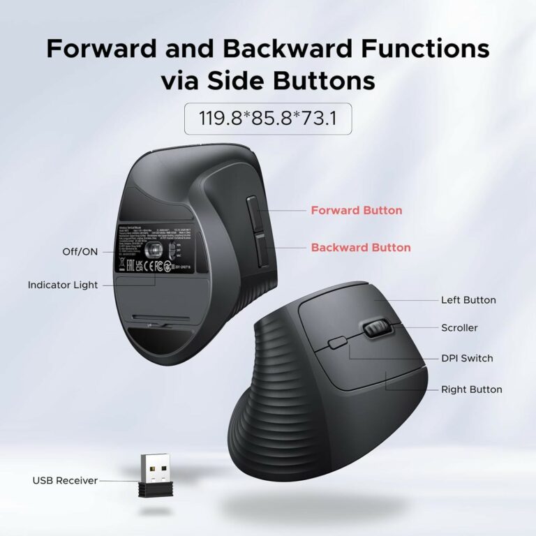UGREEN 2.4G Mouse Wireless Vertical Ergonomic Mouse, Adjustable DPI Office Cordless 6 Buttons, Computer Mouse with 1000/1600/2000/4000 DPI for Windows/Mac OS -ماوس عامودي لاسلكي