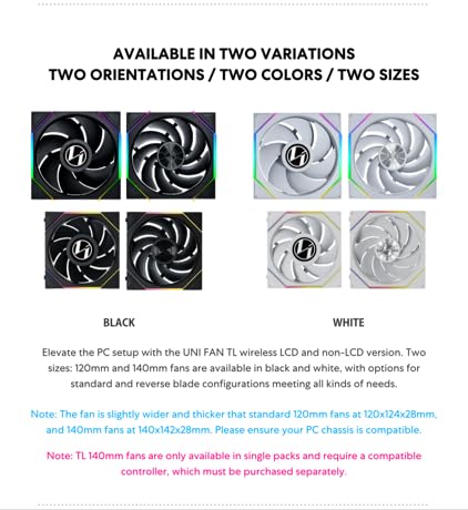 Lian Li UNI Fan TL Wireless 140-Single Pack (Reverse Blade)-2.4 GHz Wireless Signal 140MM ARGB Fan-Infinity Mirror-Daisy-Chain -Syncing Lighting-Controller NOT Included & Required - Black - مروحه