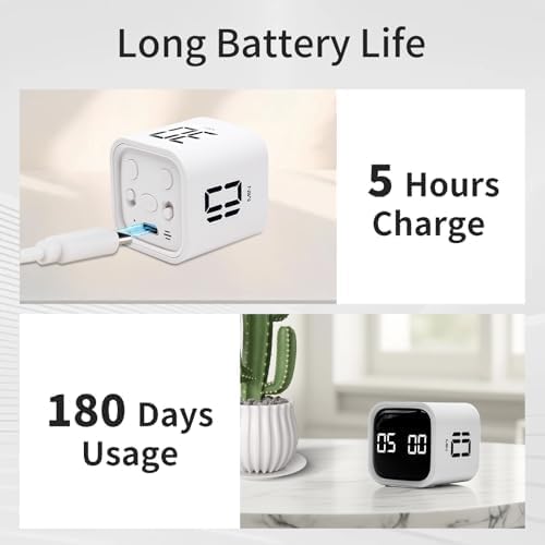 Gravity Timer F4 Rechargeable Digital Cube 5/10/30/60min & Custom Countdown, Vibration & Adjustable Sound Alarm,for Task Work Kitchen ADHD Kids Studying - مأقت ذكي