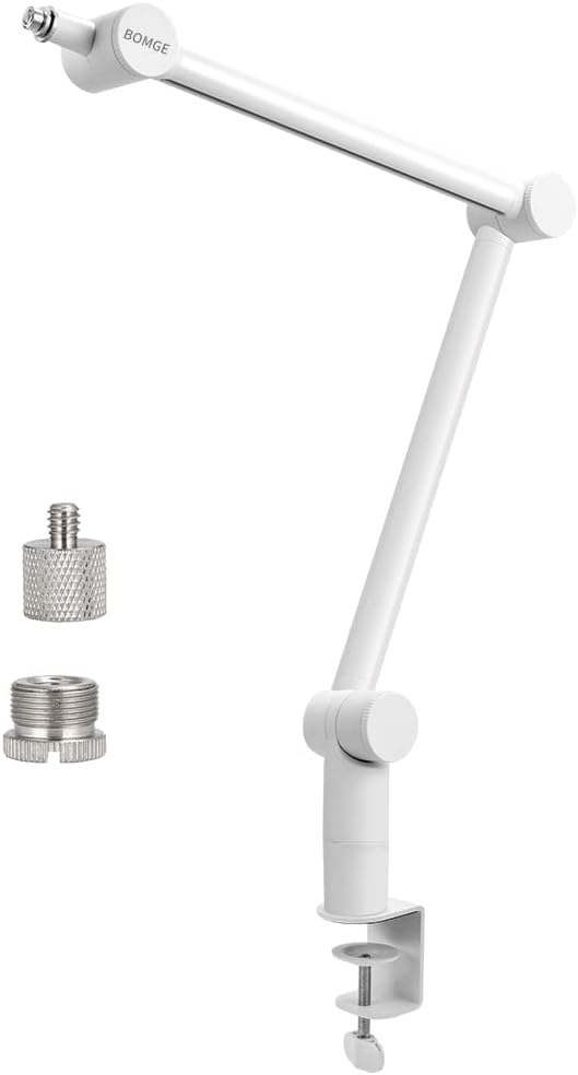 BOMGE Boom Arm Mic Stand - Adjustable Heavy Duty Suspension Boom Scissor Arm Stand with Cable Management Channels, Desk Clamp for Podcasts, Streaming, Gaming, Home Office, Recording -White - ستاند للمايك أبيض