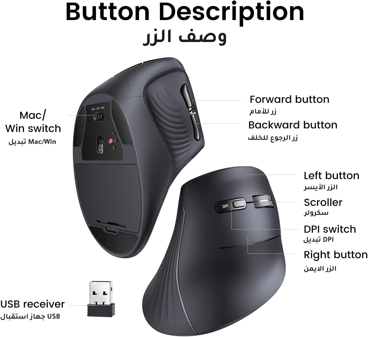 UGREEN Ergonomic Mouse, 57° Unique Vertical Angle, Bluetooth 5.0 & 2.4G Wireless Dongle Connectivity, Up to 4000 DPI, Anti-Slip & -Sweat Grip, Silent Scroller, Black-ماوس عامودي