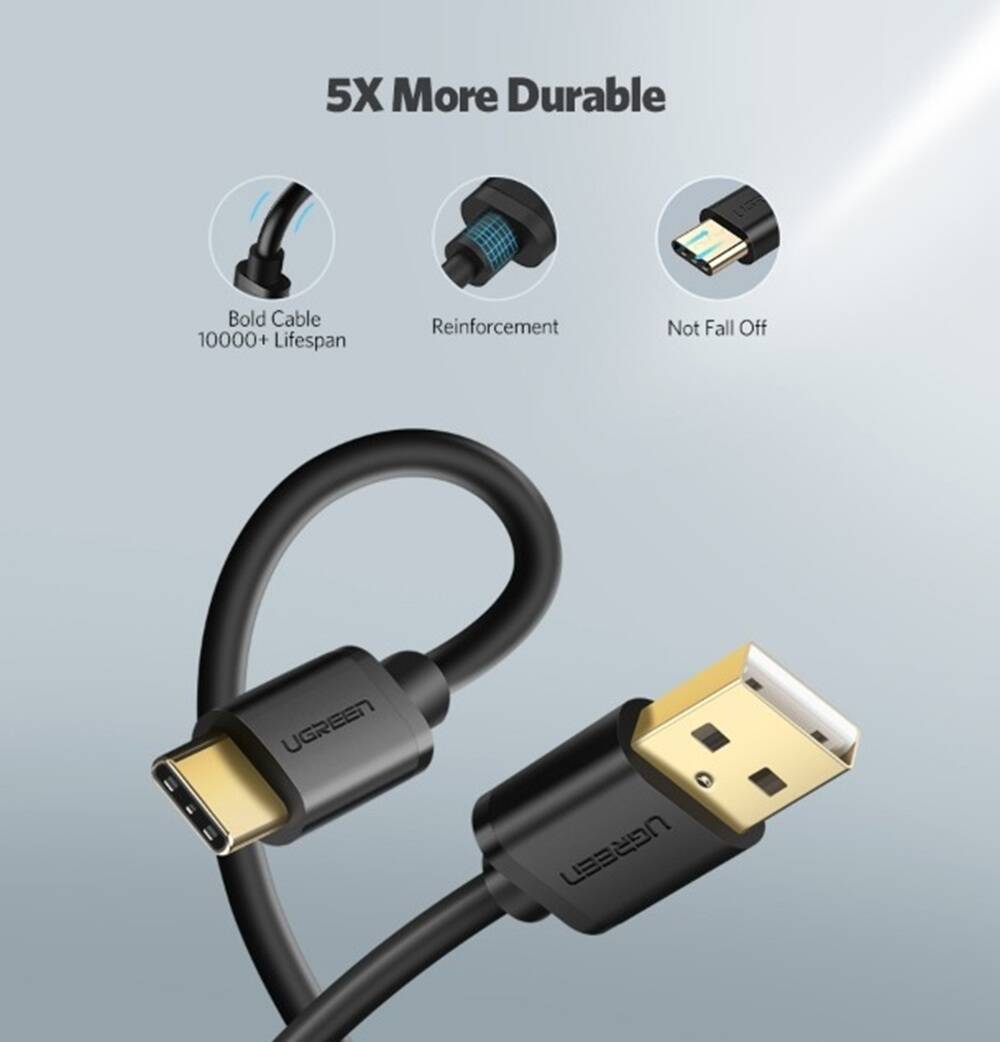 UGREEN USB 3.0 Type A Male To USB Type-C Male Cable, 1M, 5Gbps Transfer Speed, Up To 3 Amps Of Power Output, Black  - كيبل