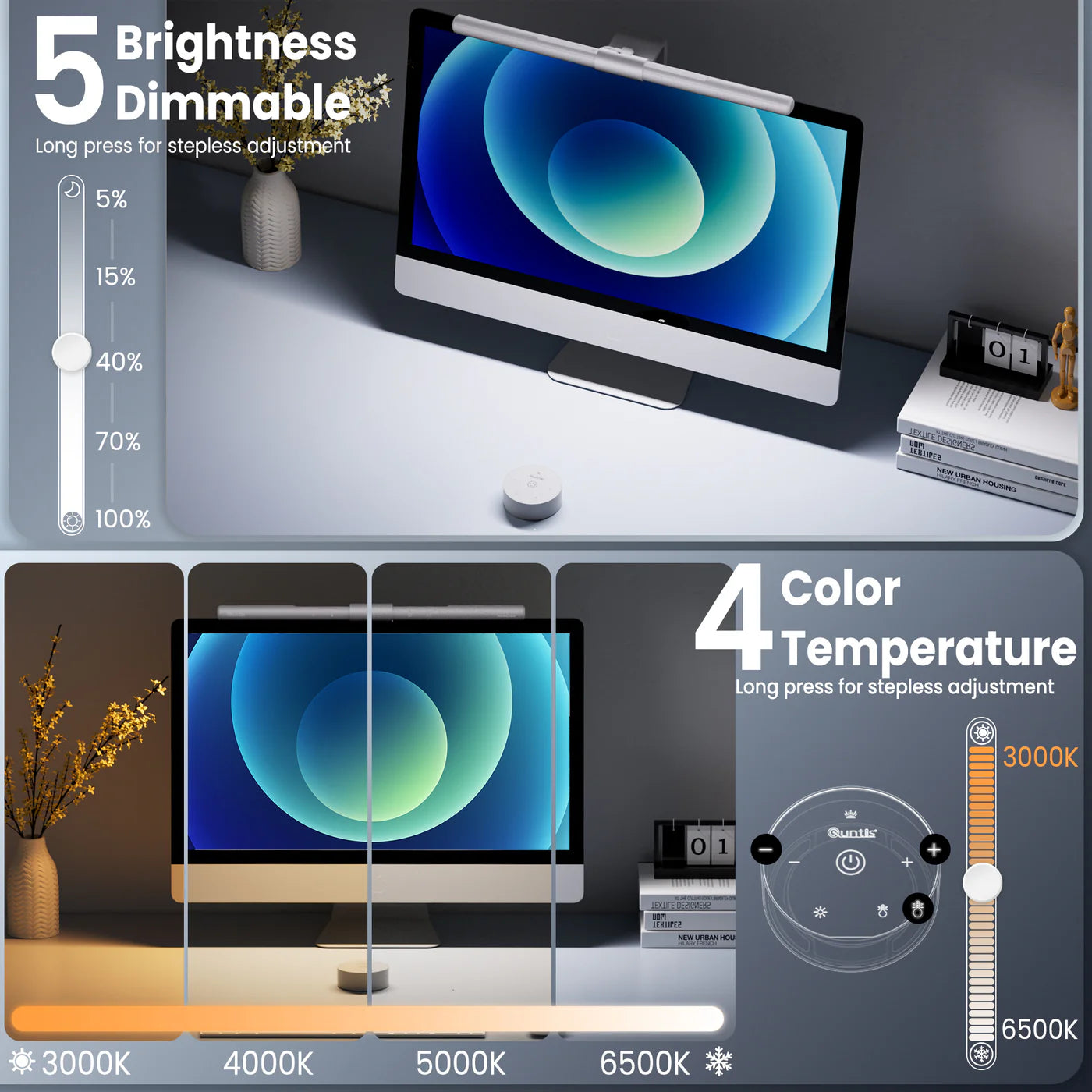 Quntis Monitor Light Bar Pro, Dual Control Wireless Remote , Touch Control, Eye Protection white - شريط إضائة للشاشة