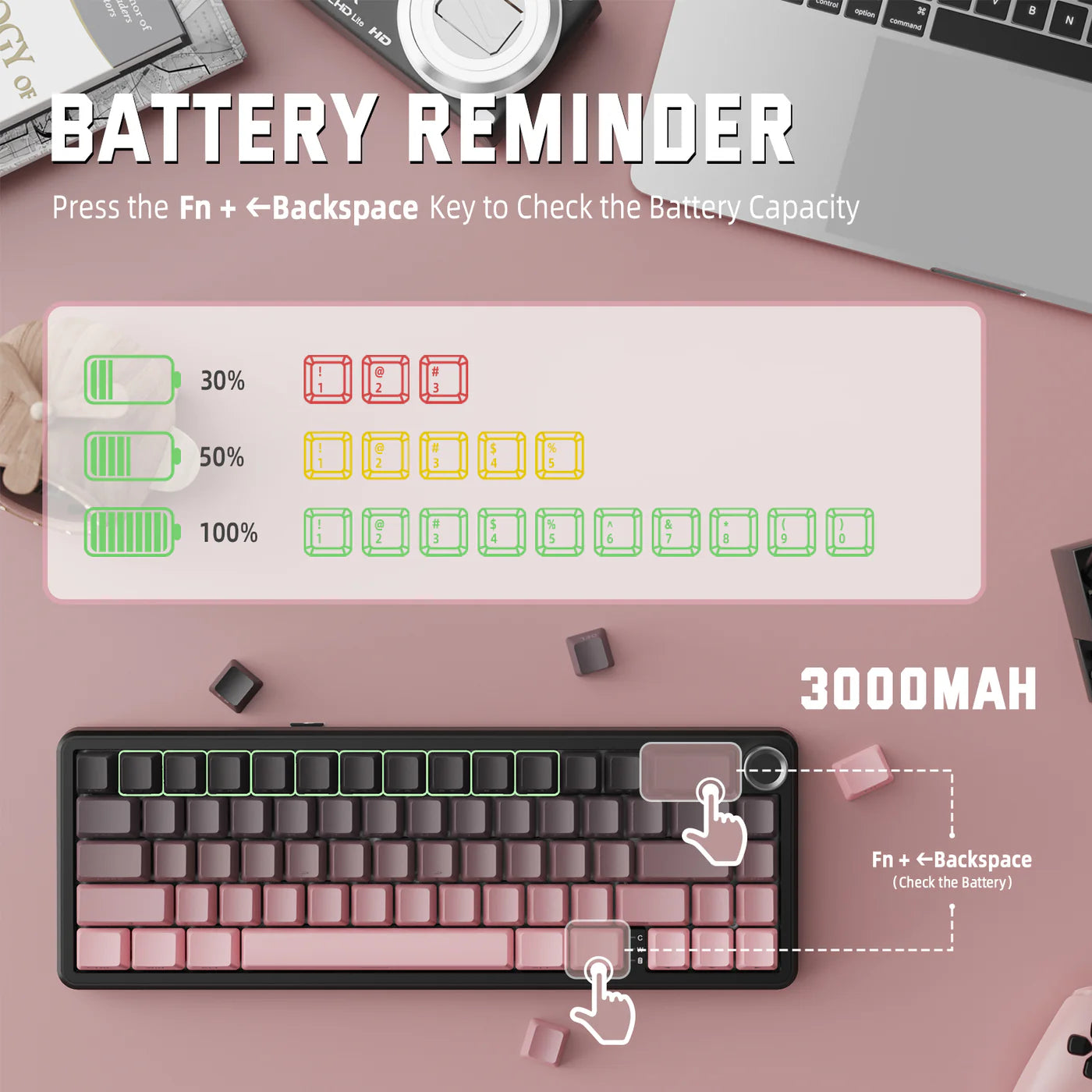 Attack Shark X66 Wireless Mechanical Gaming Keyboard RGB 3 Mode – Pink (Strawberry Switch) - كايبورد قيمينغ وايرلس