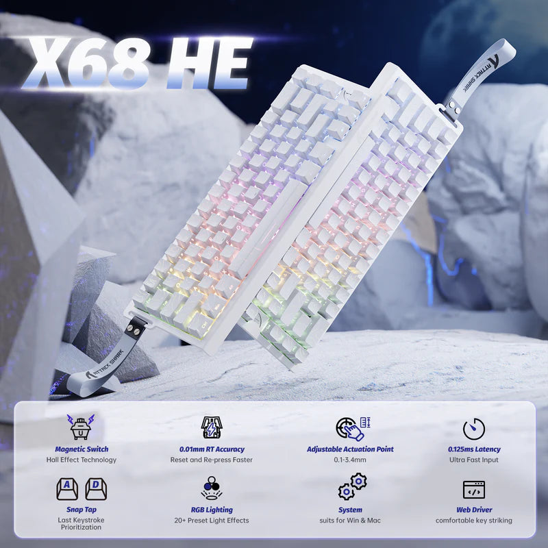 ATTACK SHARK X68 HE Rapid Trigger 60% Keyboard Magnetic Switch White Line - كيبورد مغناطيسي