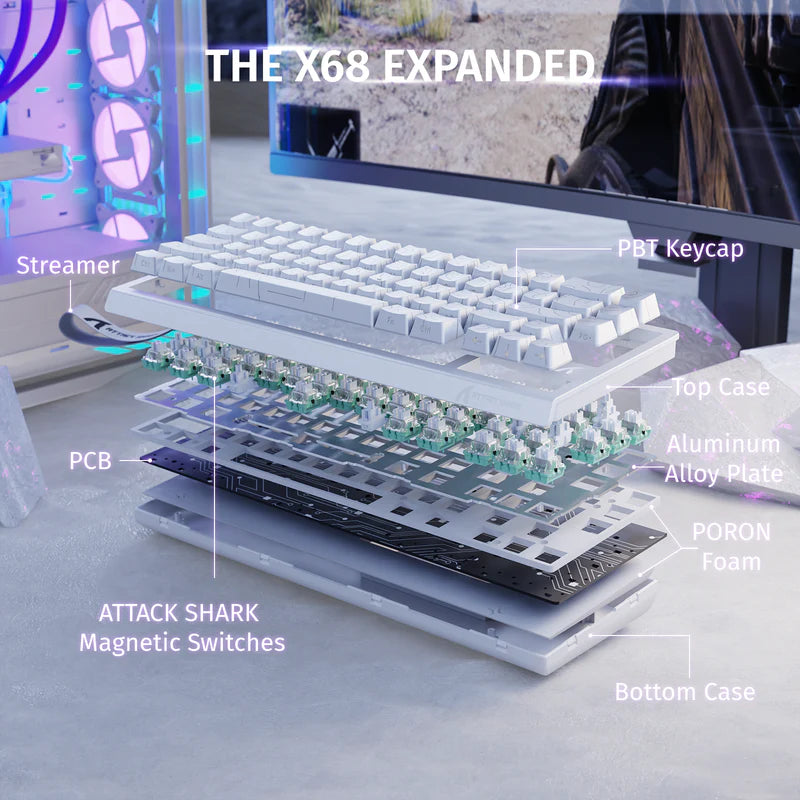 ATTACK SHARK X68 HE Rapid Trigger 60% Keyboard Magnetic Switch White Line - كيبورد مغناطيسي
