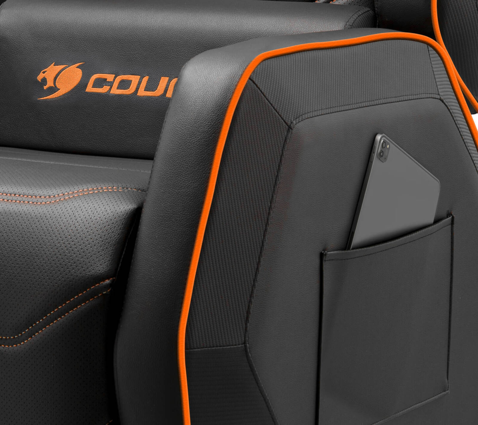 Cougar Ranger S Gaming Sofa, Side Storage Pocket, Breathable PVC Leather, Headrest Lumbar Pillow, Adjustable Design, Up to 160Kg Weight Capcity, Black/Orange - كرسي للقيمنق