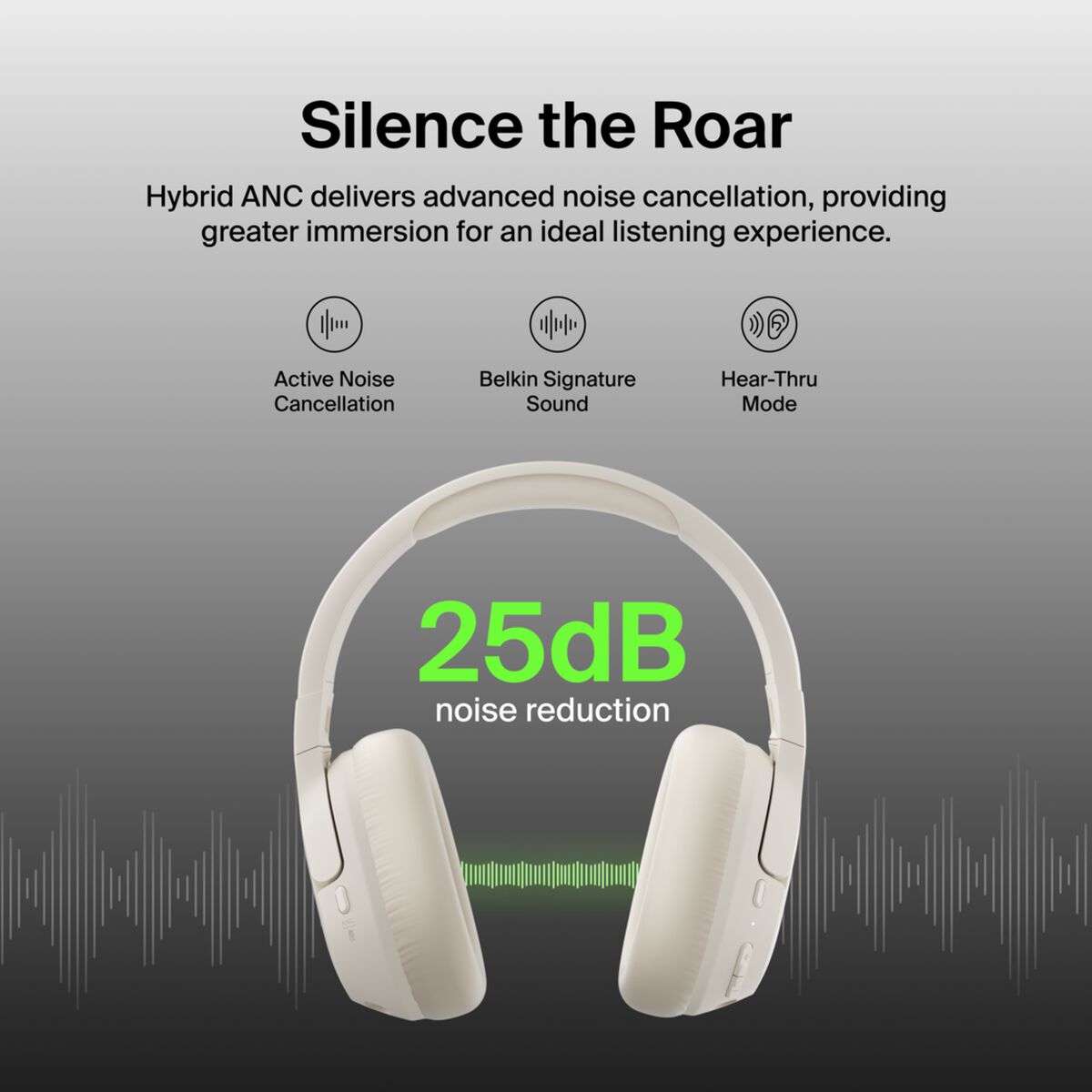 Belkin SoundForm Isolate Wireless Noise Cancelling Over-Ear Headphones, 60H Battery, Sand