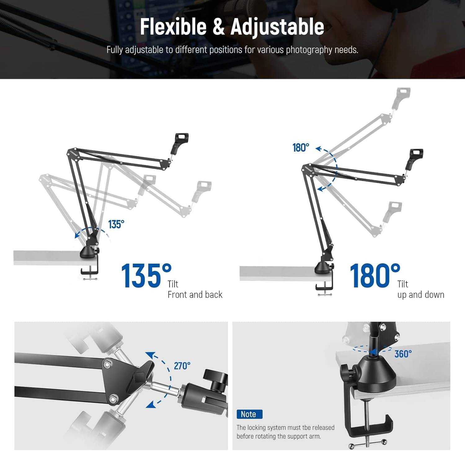 Neewer Microphone Arm Stand, Suspension Boom Scissor Microphone Arm Stand with 3/8 Inch to 5/8 Inch Screw and Cable Ties, Compatible with Blue Yeti Snowball Yeti X Quadcast etc. Max. Load 1.5 kg - ستاند للمايك