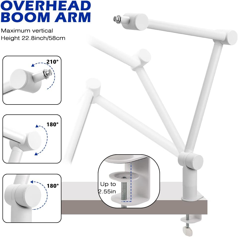 BOMGE Boom Arm Mic Stand - Adjustable Heavy Duty Suspension Boom Scissor Arm Stand with Cable Management Channels, Desk Clamp for Podcasts, Streaming, Gaming, Home Office, Recording -White - ستاند للمايك أبيض