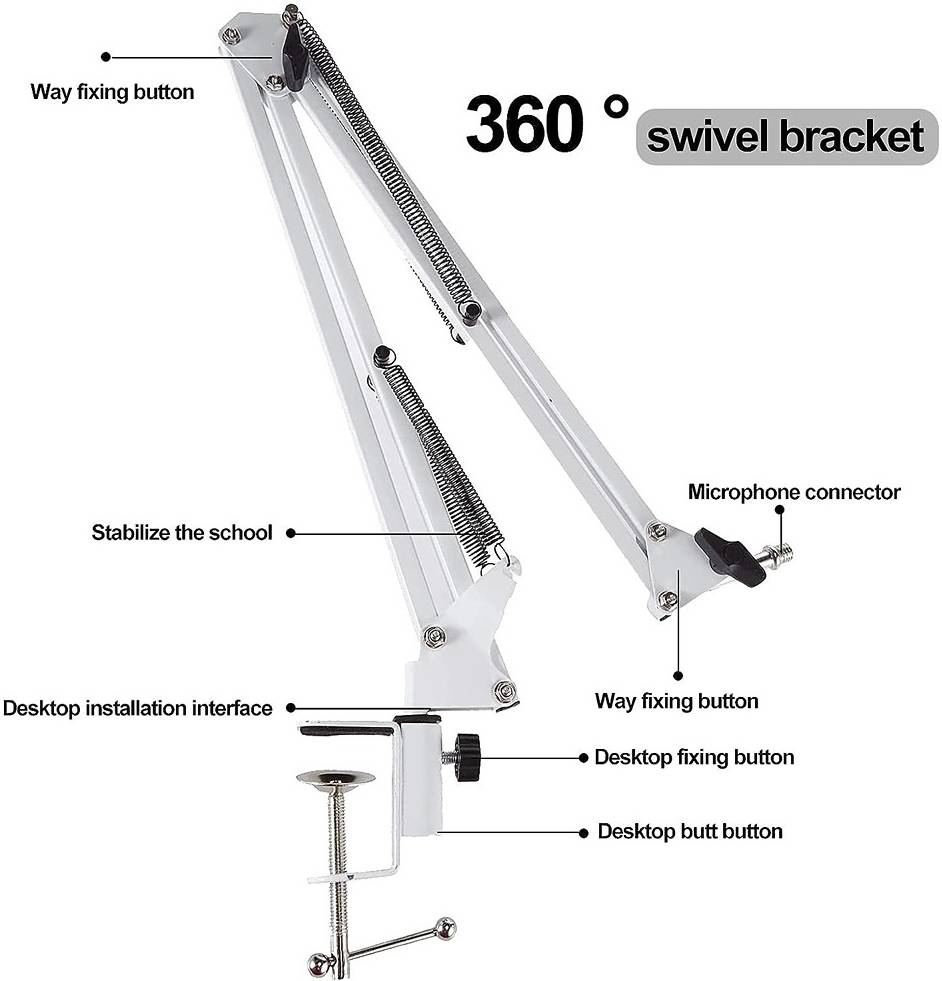 Dayong Microphone Boom Stand, 360° Rotating Microphone Holder, 270° Rotatable Mic Head, Adjustable Suspension Scissor Arm, Cantilever Support, Wide Application, White - ستاند للمايك
