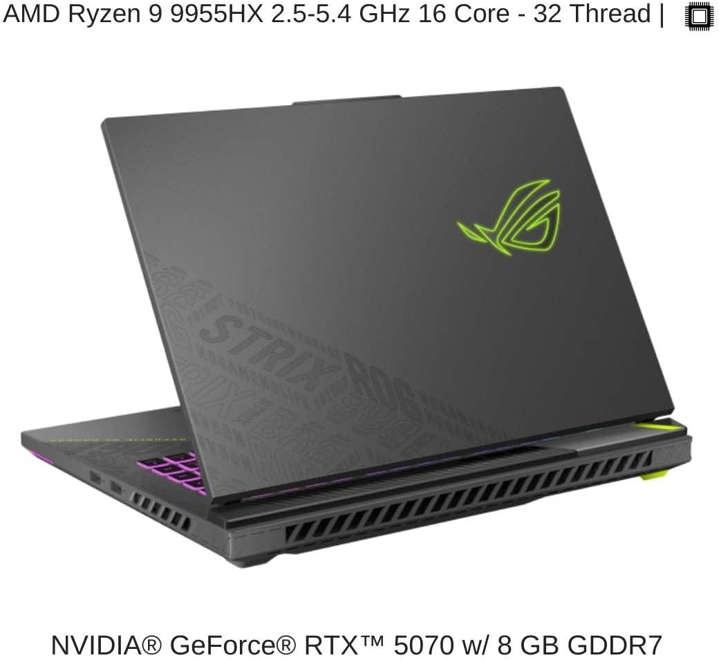 Asus ROG Strix G16 Gaming Laptop G614PR-G016W, 16-inch FHD 165Hz, R9 8940HX, RTX 5070Ti 12GB, 16GB Ram, 1TB SSD, Gray - لابتوب قيمنق