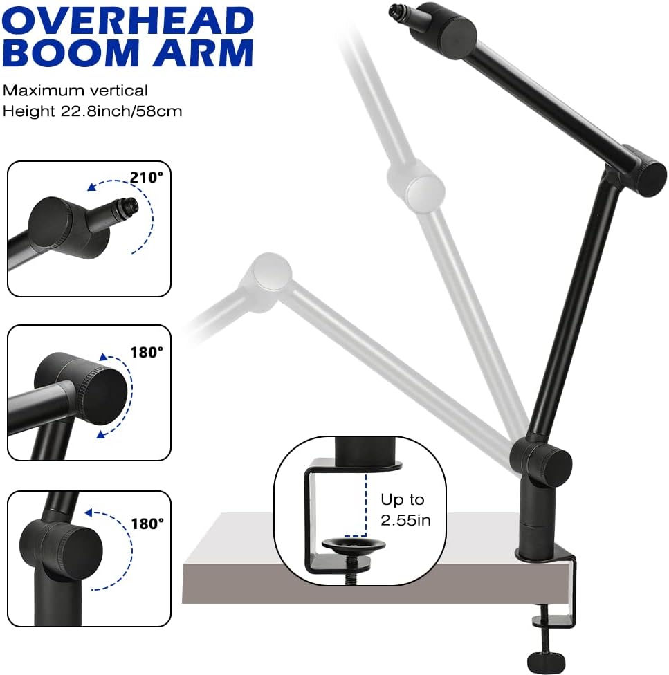 BOMGE Boom Arm Mic Stand - Adjustable Heavy Duty Suspension Boom Scissor Arm Stand with Cable Management Channels, Desk Clamp for Podcasts, Streaming, Gaming, Home Office, Recording -  Bomge-808-B-us black  -ستاند للمايك