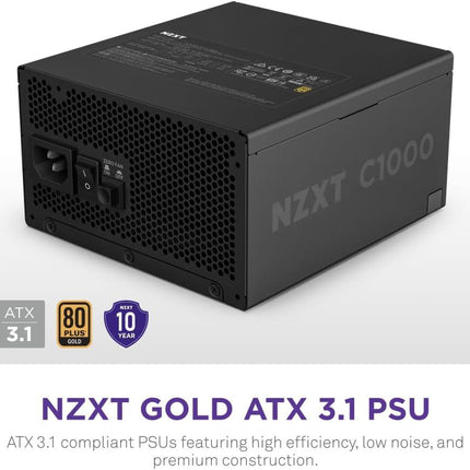 NZXT C1000 GOLD ATX 3.1 1000W 80+ وحدة طاقة منخفضة الضوضاء PSU أسود - مُصنف طاقة أسود ممتاز