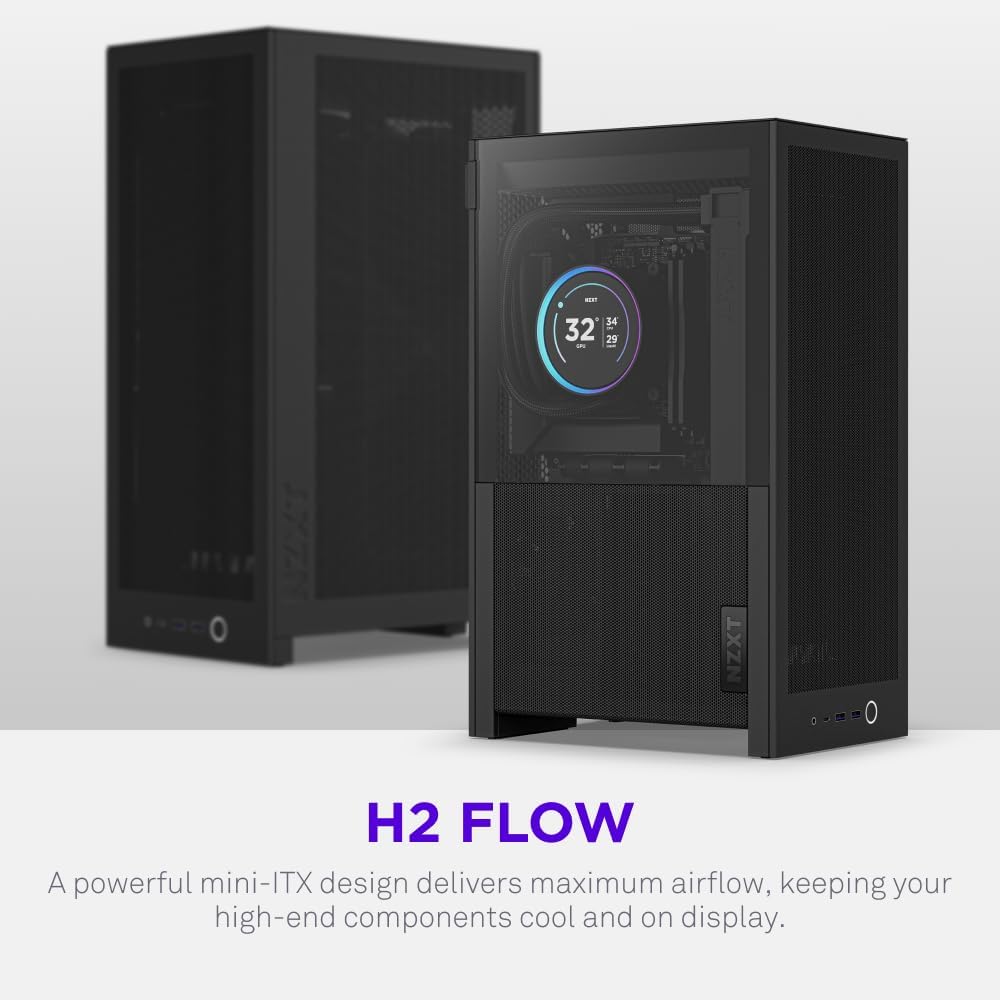 NZXT H2 Flow Mini-ITX Airflow Case – Black, Compact SFF Chassis, Perforated Mesh Front Panel & Tempered Glass - كيس حجم صغير