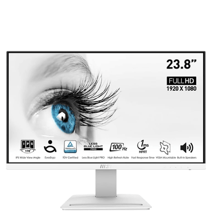 MSI Pro MP243XW، شاشة 24 بوصة IPS FHD (1920 × 1080) غير لامعة بإطار فائق النحافة 100 هرتز 1 مللي ثانية 16:9 مع حامل إمالة أبيض - شاشة بيضاء