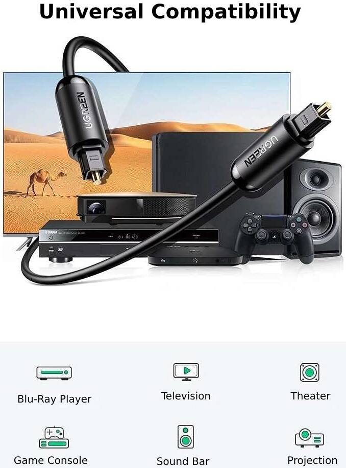 UGREEN Optical Audio Cable, Toslink SPDIF Type, PVC Material, Gold-Plated Connector, Fiber Optic Cable, 1.5m Cable Length, Universal Compatibility, Black - كيبل اوبتك