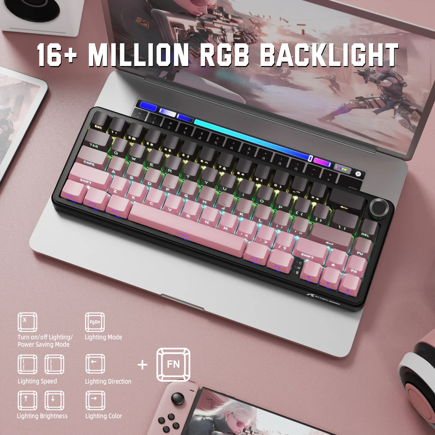 Attack Shark X66 Wireless Mechanical Gaming Keyboard RGB 3 Mode – Pink (Strawberry Switch) - كايبورد قيمينغ وايرلس