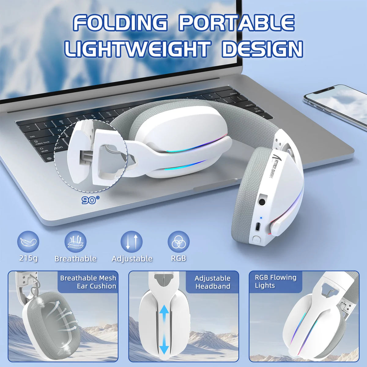 ATTACK SHARK L90 Foldable RGB Ultra-Light Wireless Headset, RGB, Foldable, Triple Mode 2.4Ghz/Bluetooth/Wired Gaming Headphone with mic, 40mm Driver, 7.1 Surround Sound, for Xbox/PS4/PS5/PC Customize via Software - White - سماعة قيمنق وايرليس
