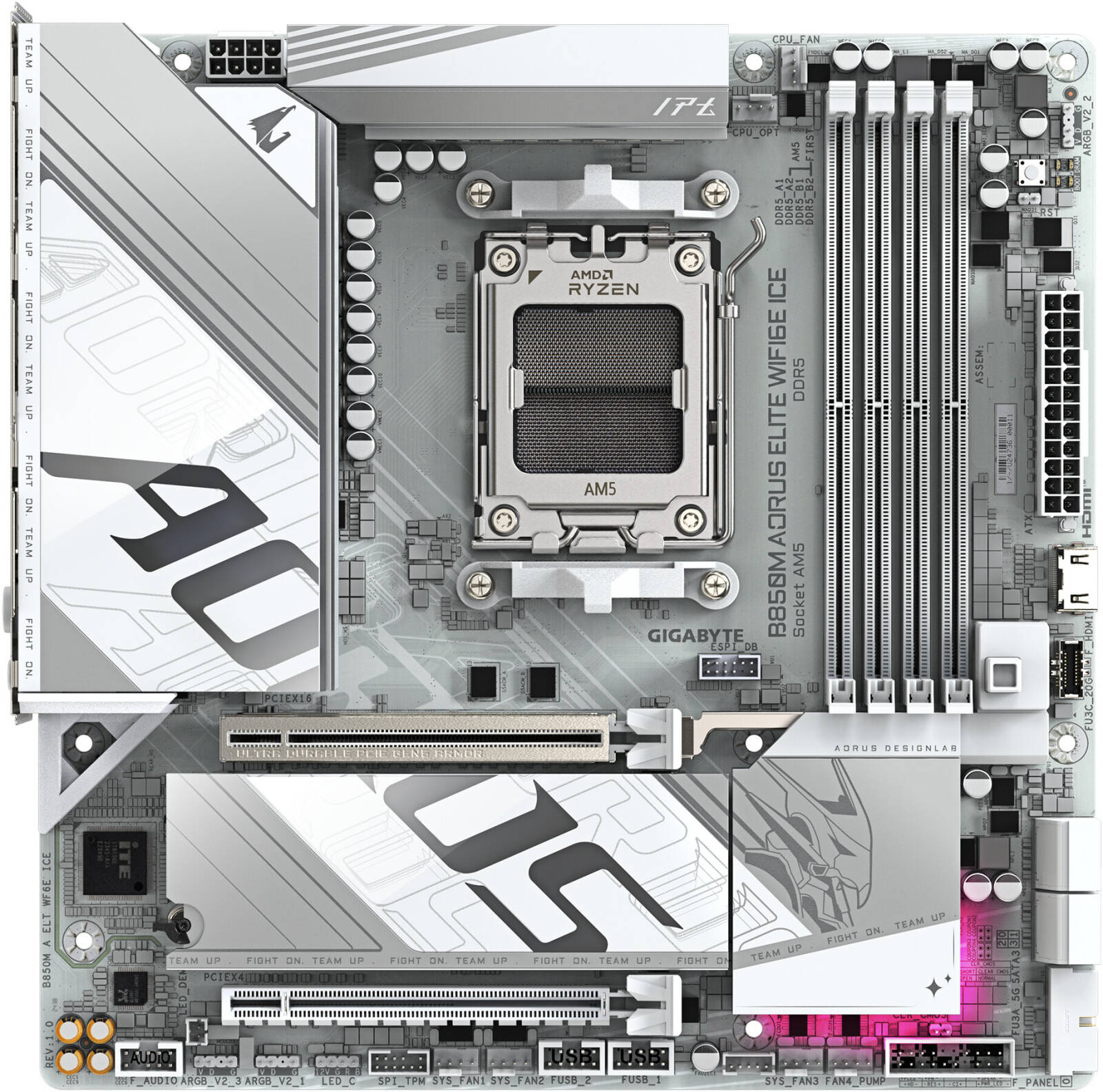 GIGABYTE B850M Aorus Elite Ice AM5 Micro ATX Motherboard, AMD B850 Chipset, 4x DDR5 DIMM Slots, Up to 256GB Max Memory, 1x PCIe 5.0 x16, 2x M.2, WiFi & BT Connectivity, White -اللوحه الام