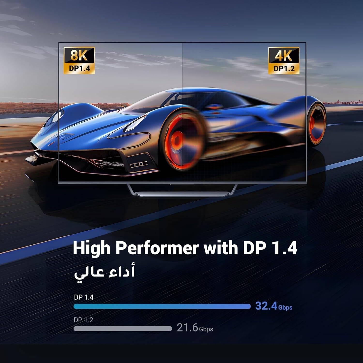 UGREEN Display Port to Display Port, 8k 7680x4320 @ 60Hz Resolution, 32.4Gbps Bandwidth Transmission, G-Sync FreeSync Support, Nylon Braided Cable SPCC Shell, 3 Meters Cable Length, Black - كيبل