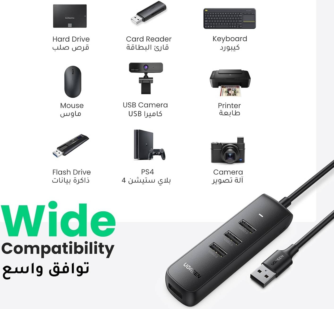 UGREEN USB 3.0 4-Port Hub 1m (Black)-متعدد المنافذ