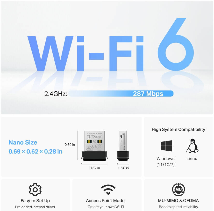 TP-Link Archer (AX300) TX1U Nano Wireless USB Adapter, Wi-Fi 6  Technology, Built-In Antenna, Plug & Play, AP Mode - لاقط شبكه واي فاي 6