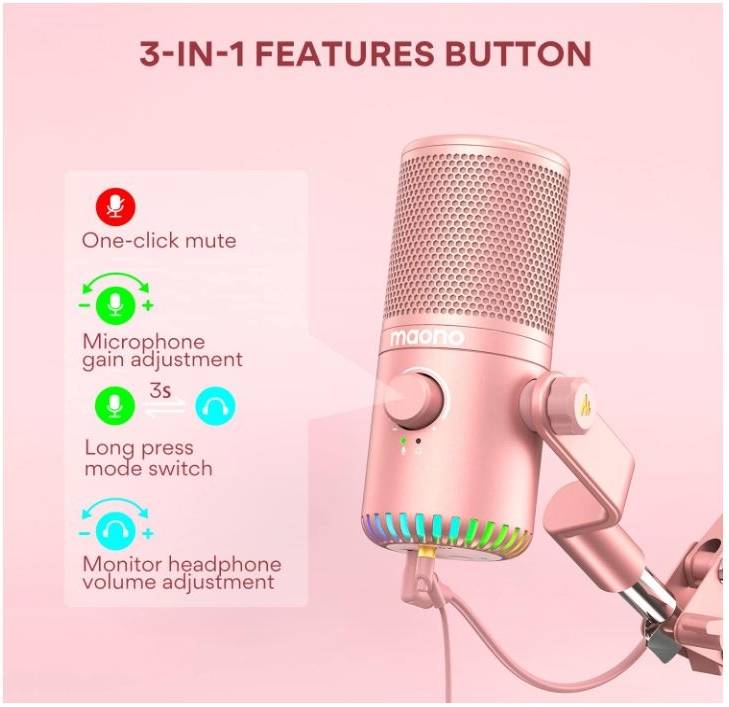 MAONO DM30 RGB Gaming Pink Microphone for Pc - مايك زهري