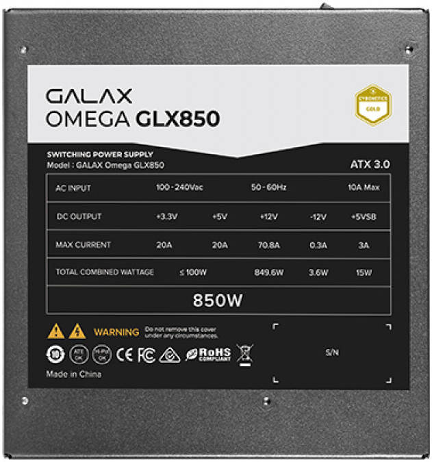 GALAX OMEGA GLX850 Full-Modular Power Supply, 850W Power, 80 PLUS Gold Efficiency, Cybenetics Gold, 105° C-Rated Capacitors, 120mm Fluid Dynamic Bearing, Black | PGO85GPTNAFB0